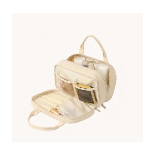 Off White Premium PU Leather Portable Makeup Bag - Large Capacity Waterproof Travel Cosmetic Organizer(Cosmetics are shooting props, not included) - Main Image