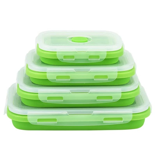 Green Collapsible Silicone Bento Box Set - 4-Piece Food-Grade Microwave & Freezer Safe Lunch Box Set - Main Image