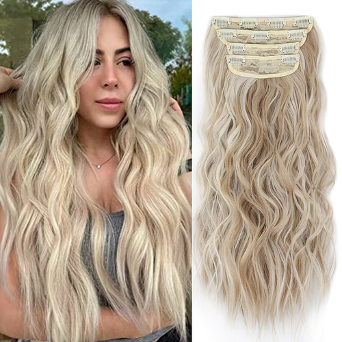 4 Pcs Set Light Gold High-Quality Wavy Clip-In Hair Extensions Set - 50cm, 200g, Synthetic Fiber -Voluminous Beach Waves for Instant Hair Makeover - Main Image