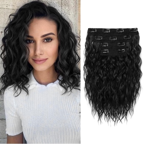 Black 12-Inch Clip-in Wavy Hair Extensions - 4-Piece Set,  Easy to Apply, Instant Volume Boost - Main Image