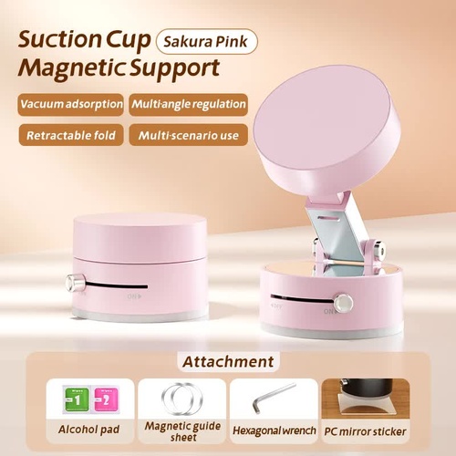 Pink Magnetic Phone Mount for Cars and Home, 360° Rotating Magnetic Stand with PC Mirror Sticker - Main Image