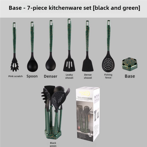 Black And Green Set High-Temperature Resistant 7-Piece Silicone Kitchen Utensils Set - Non-Stick Cooking Tools, Food-Grade Silicone, Heat-Resistant Sp - Main Image