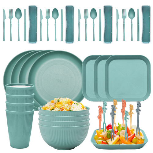 Four-person Set Green Eco-Friendly Wheat Straw Dinnerware Set,  Plate, Bowl, Cup & Utensil Set - Lightweight, Reusable, and Durable for Home, School,  - Main Image