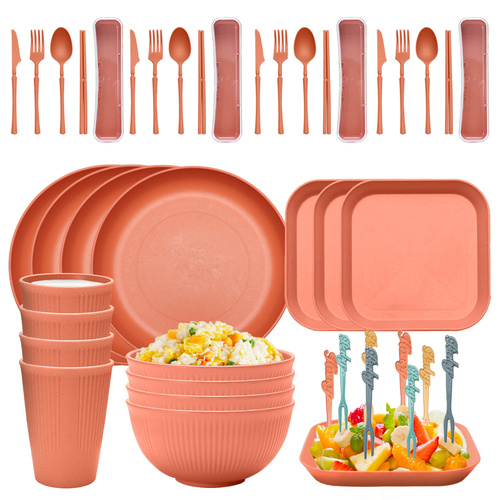Four-person Set Orange Eco-Friendly Wheat Straw Dinnerware Set,  Plate, Bowl, Cup & Utensil Set - Lightweight, Reusable, and Durable for Home, School, - Main Image