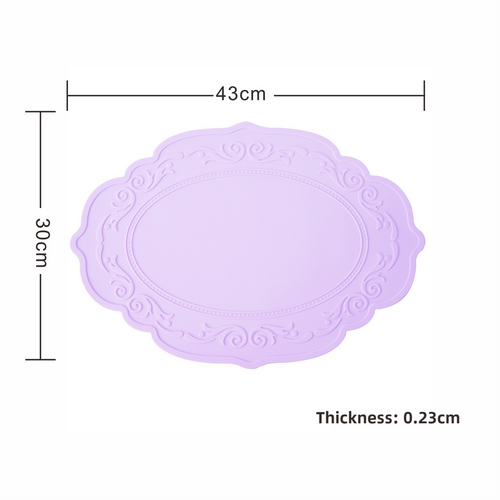 2 Pcs Purple Oval Embossed Floral Edged Silicone Placemats, Non-Slip, Heat-Resistant, Easy-to-Clean Dining Table Mats, Korean and European Style - Main Image