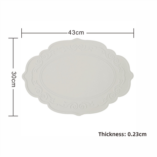 2 Pcs Grey Oval Embossed Floral Edged Silicone Placemats, Non-Slip, Heat-Resistant, Easy-to-Clean Dining Table Mats, Korean and European Style - Main Image