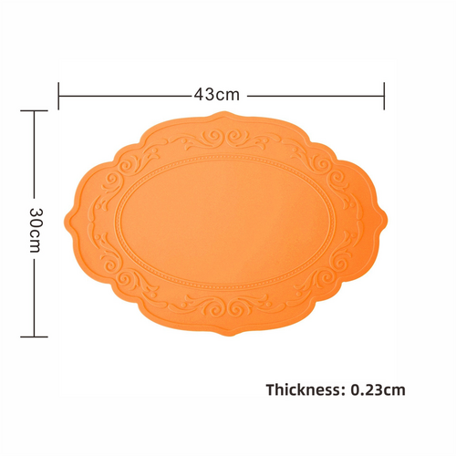 2 Pcs Orange Oval Embossed Floral Edged Silicone Placemats, Non-Slip, Heat-Resistant, Easy-to-Clean Dining Table Mats, Korean and European Style - Main Image