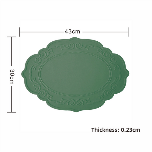 2 Pcs Green Oval Embossed Floral Edged Silicone Placemats, Non-Slip, Heat-Resistant, Easy-to-Clean Dining Table Mats, Korean and European Style - Main Image
