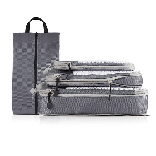 4-piece Set Grey Compression Travel Storage Bags Set, Mesh Travel Organizers for Luggage, Foldable and Space-Saving Packing Cubes - Main Image
