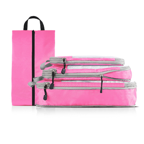 4-piece Set Pink Compression Travel Storage Bags Set, Mesh Travel Organizers for Luggage, Foldable and Space-Saving Packing Cubes - Main Image