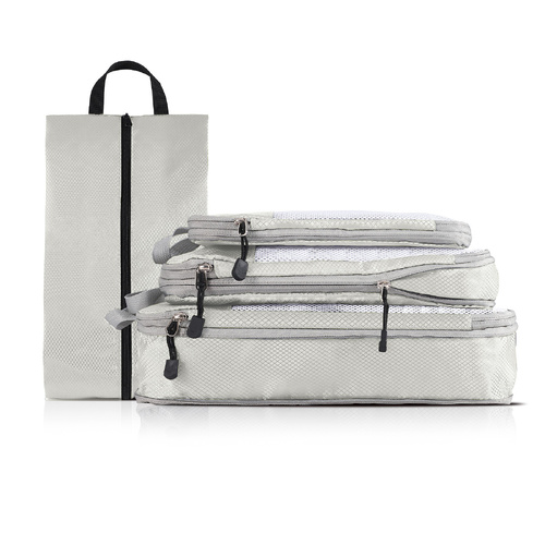 4-piece Set Off White Compression Travel Storage Bags Set, Mesh Travel Organizers for Luggage, Foldable and Space-Saving Packing Cubes - Main Image