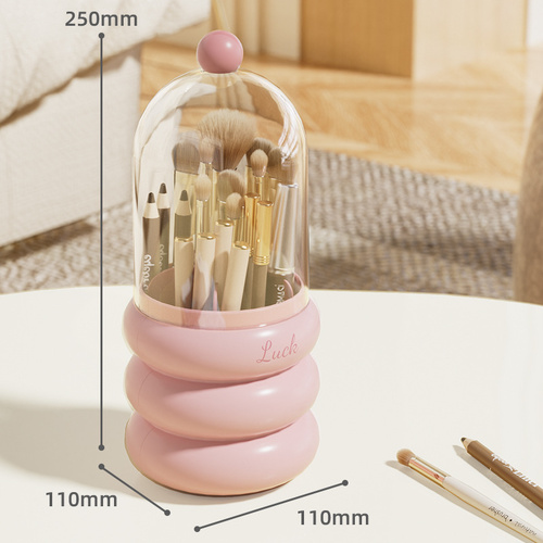 Pink 360° Rotating Makeup Brush Holder with Clear Dome – Stylish Organizer for Vanity, Desk, and Bathroom - Main Image