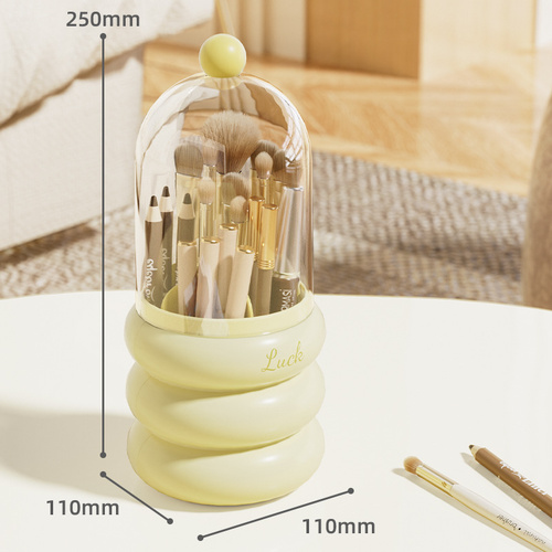 Yellow 360° Rotating Makeup Brush Holder with Clear Dome – Stylish Organizer for Vanity, Desk, and Bathroom - Main Image