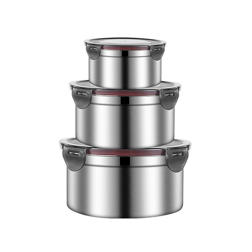 Brown 3-Piece 304 Stainless Steel Food Storage Set with Leak-Proof Lids – Round Design for Fridge and Meal Prep - Main Image