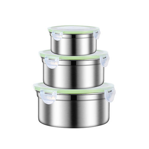 Green 3-Piece 304 Stainless Steel Food Storage Set with Leak-Proof Lids - Round Design for Fridge and Meal Prep - Main Image