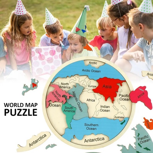 Colorful Wooden World Map Puzzle – 7 Continents Educational Geography Toy for Kids - Main Image