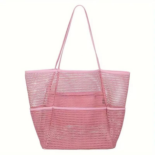 Pink Breathable Mesh Beach Tote Bag - Large Capacity Sand-Free Bag with Zipper Pocket & Multi-Purpose Storage - Main Image