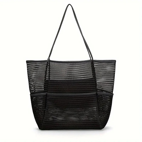 Black Breathable Mesh Beach Tote Bag - Large Capacity Sand-Free Bag with Zipper Pocket & Multi-Purpose Storage - Main Image