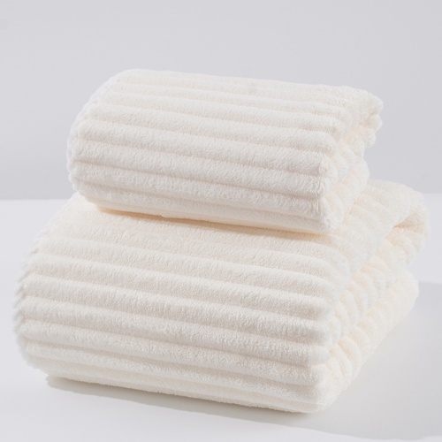 White Soft Candy Stripe Coral Fleece Bath Towel and Washcloth Set, Ultra Absorbent, Skin-Friendly - Main Image