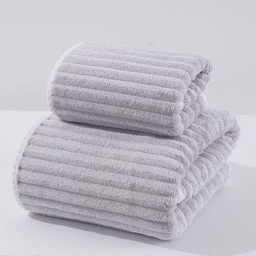 Grey Soft Candy Stripe Coral Fleece Bath Towel and Washcloth Set, Ultra Absorbent, Skin-Friendly - Main Image