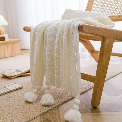 White 110cm x 150cm Soft Tassel Throw Blanket for Sofa or Bed, Cozy  Casual Blanket for Office Nap, Minimalist Bed End Cover - Main Image