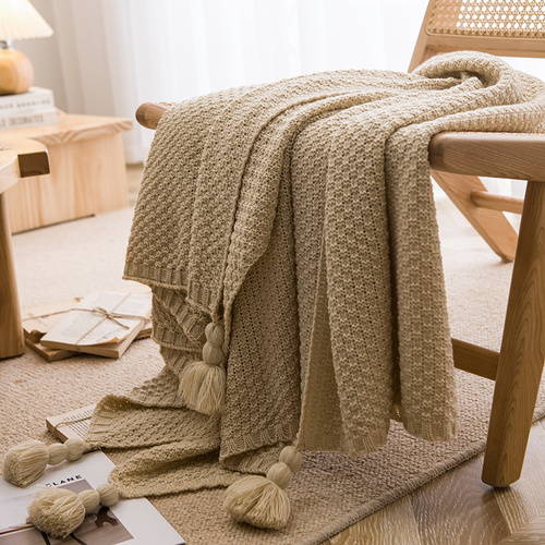 Beige 110cm x 150cm Soft Tassel Throw Blanket for Sofa or Bed, Cozy  Casual Blanket for Office Nap, Minimalist Bed End Cover - Main Image