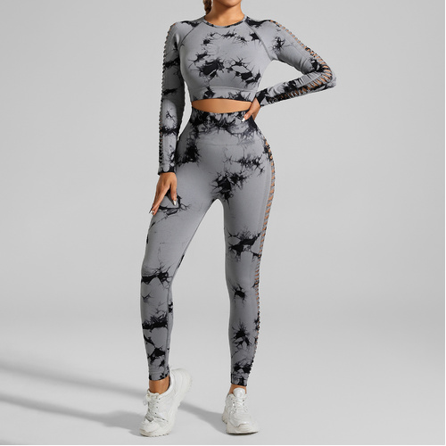 Light Gray Size L Tie-Dye Yoga Set Long Sleeve Butt Lift Leggings Seamless Workout Training Gym Clothes - Main Image