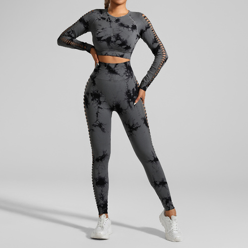 Dark Gray Size L Tie-Dye Yoga Set Long Sleeve Butt Lift Leggings Seamless Workout Training Gym Clothes - Main Image
