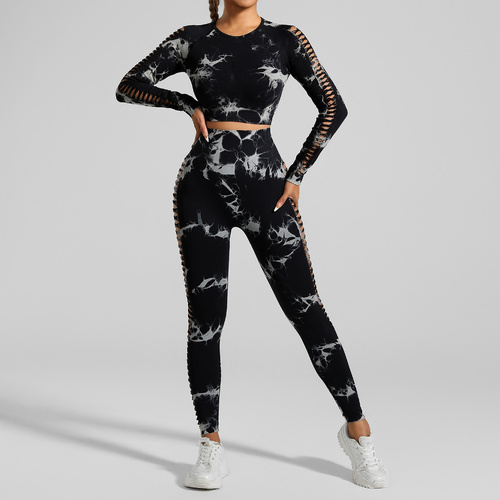 Black and Grey Tie-Dye Size L Tie-Dye Yoga Set Long Sleeve Butt Lift Leggings Seamless Workout Training Gym Clothes - Main Image