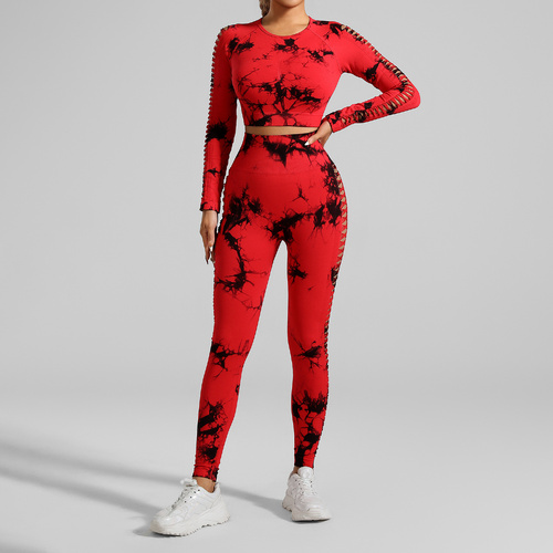 Red and Black Tie-Dye Size S Tie-Dye Yoga Set Long Sleeve Butt Lift Leggings Seamless Workout Training Gym Clothes - Main Image