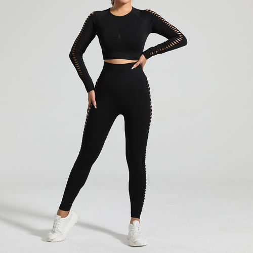 Black Size L Tie-Dye Yoga Set Long Sleeve Butt Lift Leggings Seamless Workout Training Gym Clothes - Main Image