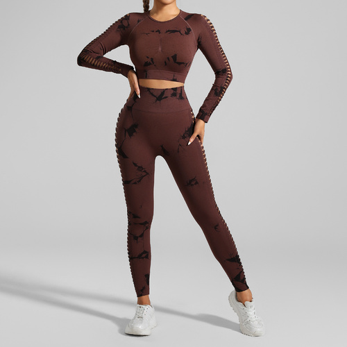 Coffee and Black Tie-Dye Size M Tie-Dye Yoga Set Long Sleeve Butt Lift Leggings Seamless Workout Training Gym Clothes - Main Image