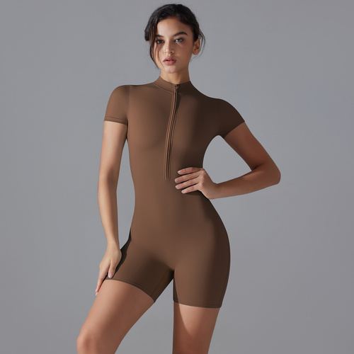 Brown Size M Women's Summer Zip-Up Bodysuit - Short Sleeve, High Stretch Yoga & Dance Outfit, Breathable Fitness Wear - Main Image