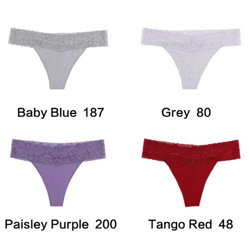 Size L Lace-Trimmed Thong Underwear - 4-Pack in Baby Blue,Grey,Paisley Purple and Tange Red - Main Image
