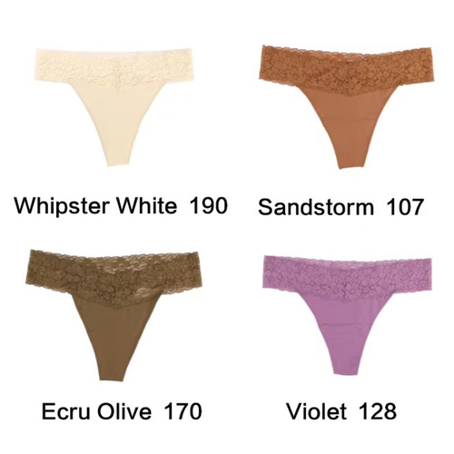 Size M Lace-Trimmed Thong Underwear - 4-Pack in Whipster White,Sandstorm,Ecru Olive and Violet - Main Image