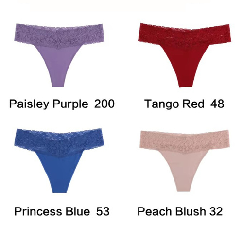 Size L Lace-Trimmed Thong Underwear -4-Pack in Paisley Purple,Tango Red,Princess Blue and Peach Blush - Main Image
