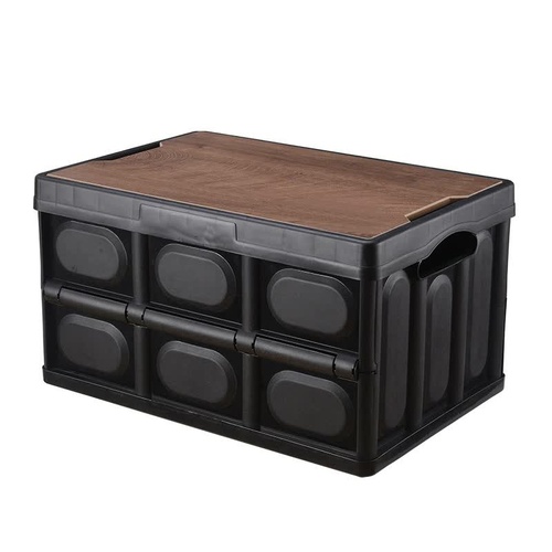 30L Black Foldable Storage Box with Wooden Lid - Multifunctional Car Organizer, Outdoor Folding Storage Container - Main Image