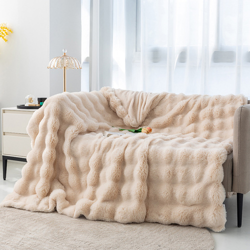 Apricot 130*160cm Plush Toscana Rabbit Hair Throw Blanket - Soft Flannel Fleece for All Seasons, Perfect for Couch & Bed - Main Image