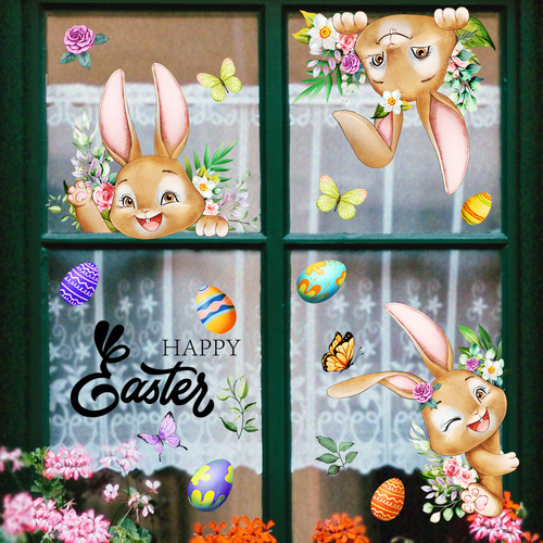 3 Sheet， Creative Easter Bunny & Egg Window Decal - Adhesive Wall Stickers for Living Room & Bedroom (60cm x 30cm) - Main Image