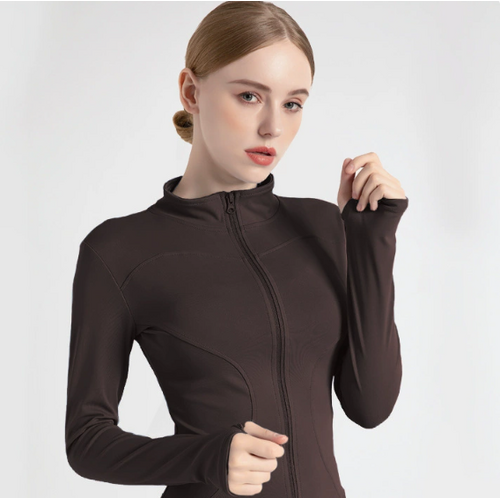 L Coffee Brown High-Stretch Slim Fit Yoga Jacket - Full Zip Workout Sports Jacket for Women - Main Image