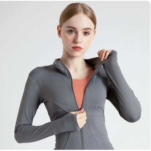 XXL Grey High-Stretch Slim Fit Yoga Jacket - Full Zip Workout Sports Jacket for Women - Main Image