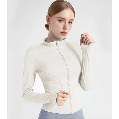 L White High-Stretch Slim Fit Yoga Jacket - Full Zip Workout Sports Jacket for Women - Main Image