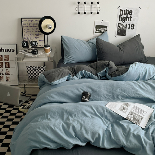 Lightblue-grey 1.5m Bed Fitted Sheet Set with 200x230cm Duvet Cover - 4-Piece Bedding Set - Main Image