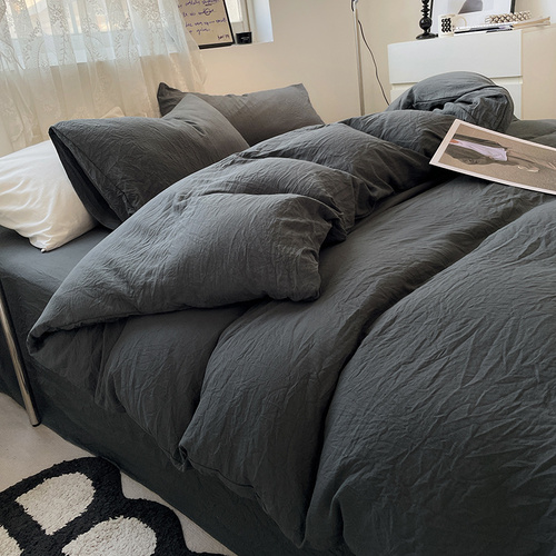 Dark Grey Solid Color Solid Color Solid Color 1.5m Bed Fitted Sheet Set with 200x230cm Duvet Cover - 4-Piece Bedding Set - Main Image