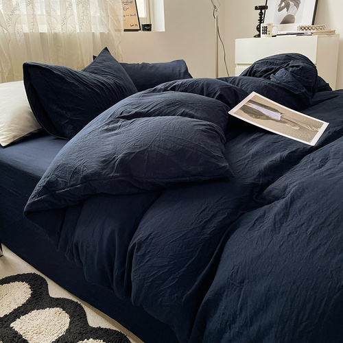 Navy Blue Solid Color Solid Color Solid Color 1.5m Bed Fitted Sheet Set with 200x230cm Duvet Cover - 4-Piece Bedding Set - Main Image
