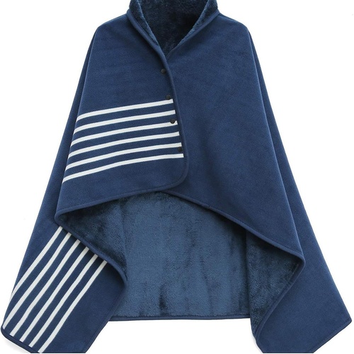 Blue and White Stripes 100x140cm Wearable Fleece Blanket - Soft, Warm & Anti-Pilling, Stylish Plaid Design - Main Image