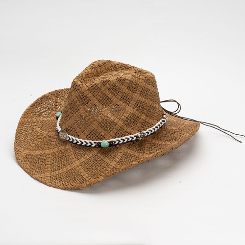 Khaki Handmade Straw Cowboy Hat, Summer Sun Hat, Outdoor Sun Protection, Fits Head Size 58-59cm - Main Image