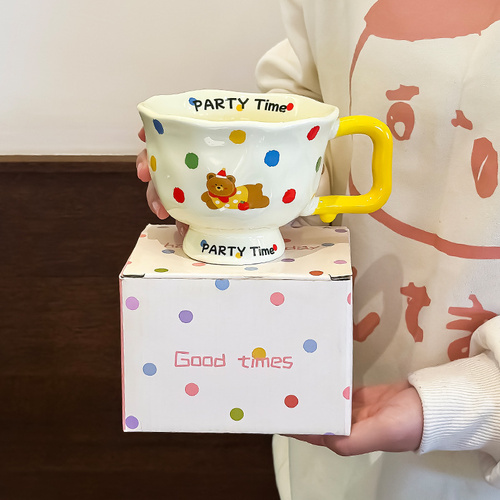Polka Dot Bear Cute Ceramic Mug for Women - 370ml Kawaii Coffee Tea Cup Home Use - Main Image