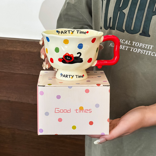Polka Dot Kitten Cute Ceramic Mug for Women - 370ml Kawaii Coffee Tea Cup Home Use - Main Image