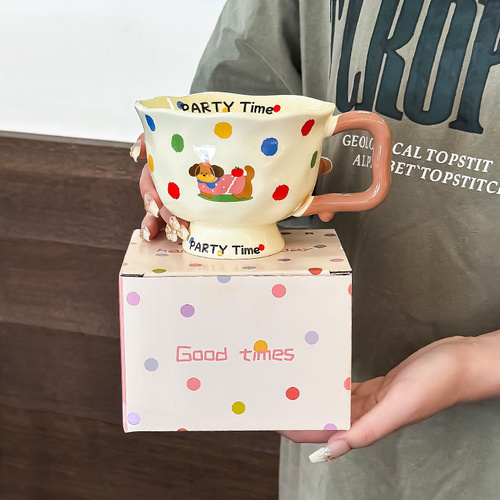 Polka Dog Kitten Cute Ceramic Mug for Women - 370ml Kawaii Coffee Tea Cup Home Use - Main Image